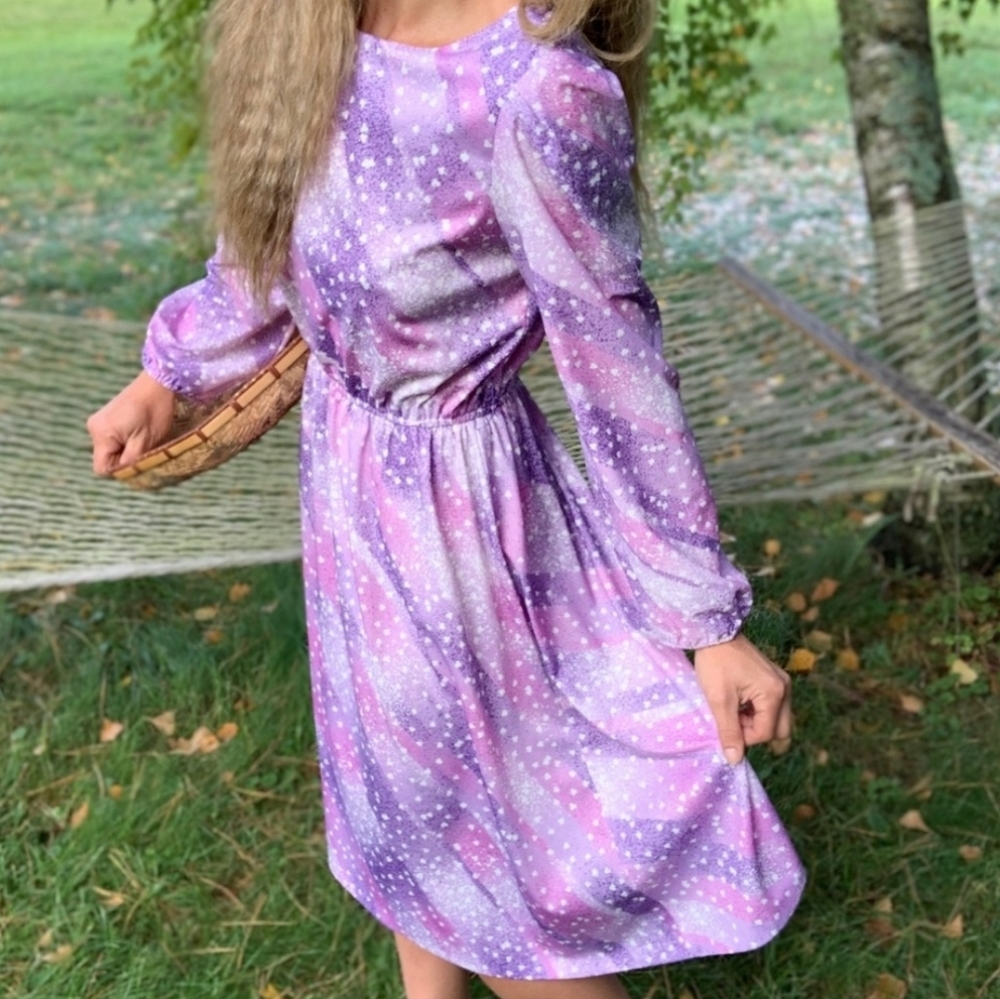 Lady Page Susan Page Vintage 70's 80's Purple Pink White Galaxy Print Midi Dress